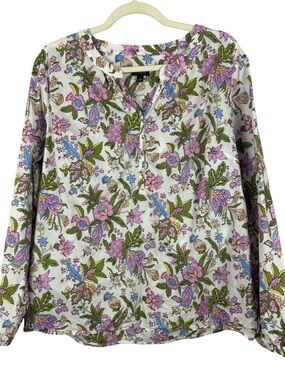 Talbots Floral Botanical Block Print Cotton Henley Blouse Size L Gold Buttons